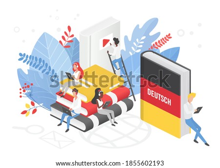Online language courses isometric vector illustration. German language Internet class, e learning isolated. Distance education, Germany remote school, university lessons