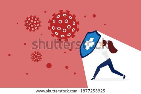 Coronavirus quarantine protection, fight concept vector illustration. Cartoon woman character protecting health, holding shield to be safe from corona virus covid19 attacks on immune system background