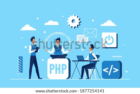 Programmer coder people team work on application development vector illustration. Cartoon tiny engineer developer characters programming and coding, teamwork for web design code concept background
