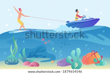 Extreme sea water sport vector illustration. Cartoon seascape with wakeboarder man character riding wakeboard and motor boat, waterskiing and wakeboarding summer season sport activity background