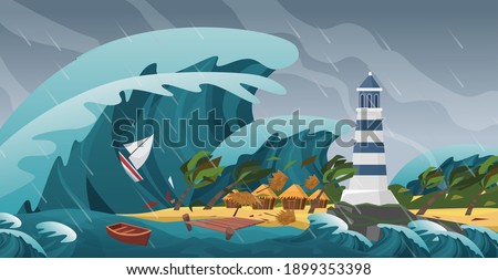 Tsunami seascape storm landscape natural disaster, giant wave with little island and lighthouse