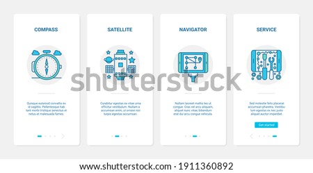 Gps navigation service technology vector illustration. UX, UI onboarding mobile app page screen set with line geocaching travel adventure equipment to navigate, compass navigator satellite symbols