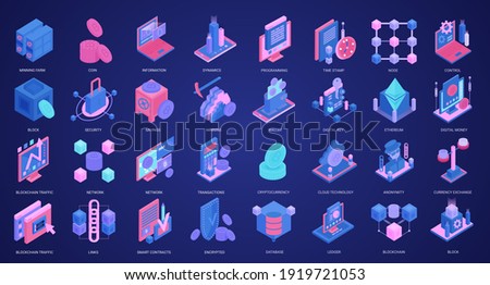 Blockchain crypto currency isometric vector illustration set. 3d icons with mining farm database, digital wallet protection for cryptocurrency money transaction, private data key, startup investment