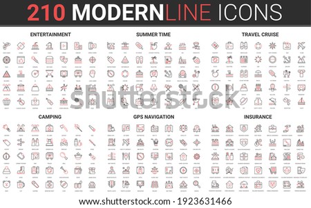 210 modern red black thin line icons set of entertainment, summer time, travel cruise, camping, gps navigation, insurance collection vector illustration.
