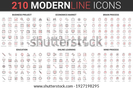 210 modern red black thin line icons set of education, online learning, mind process, business project, economics market, brain process collection vector illustration.