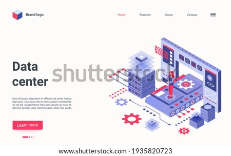 Data center technology isometric vector illustration. Cartoon 3d engineer admin character working with big workstation hardware equipment, database storage system, tech infrastructure landing page