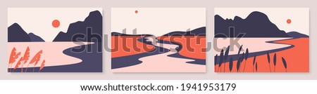 Minimal night summer nature landscape vector illustration set. Cartoon red sand beach dunes with river and lake, grass leaves and mountains, nordic design of minimalist abstract landscapes collection