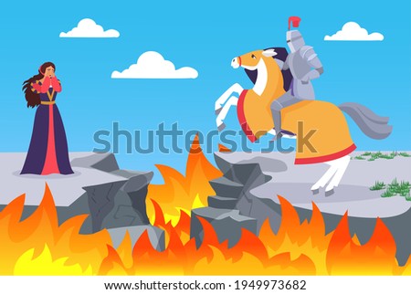 Fairy tale of rescuing princess vector illustration. Cartoon horseman knight hero warrior character in armor and helmet riding horse to rescue crying beautiful princess, fairytale story background