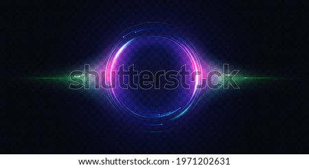 Neon luminous circle, light effect vector illustration. Glow of circular round element, abstract radial motion lines, swirl flare, particles and bright energy rays on dark transparent background