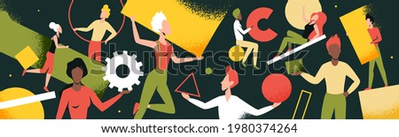 Wide panorama header abstract geometric shapes, flying people, teamwork concept vector illustration. Cartoon tiny woman man team floating in space with figures of geometry, cogwheel gears background.