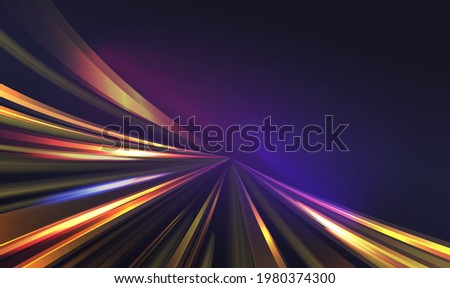 Light speed motion trail, blur streak effect vector illustration. Long exposure fast car transport lights on road city tunnel dark background, blurred shine lamp tails, abstract highway transportation