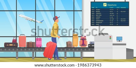 Travel transfer in international airport, airline transportation vector illustration. Cartoon person with baggage looking at flight information timetable board, standing next to luggage conveyor belt