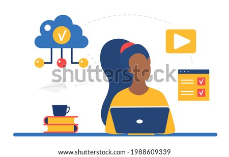 Cloud storage system for business remote work vector illustration. Cartoon woman character working online with laptop, sitting at table, download and upload data information files via internet