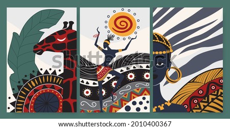 African people dance in ethnic abstract tribal pattern vector illustration set. Folk traditional ornament, giraffe and dancers from Africa, vertical social media stories template, wall art design