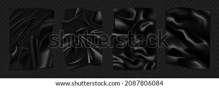 Full black wrinkled rectangular sheet with latex texture set vector illustration. 3d realistic crumpled plastic food packaging, glued glossy paper or pvc stretch packing material black background