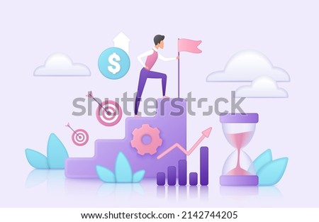 Business success, leadership and financial development. Tiny leader character climbing staircase to flag, target aim, salary or income growth creative 3d vector illustration. Career goal concept