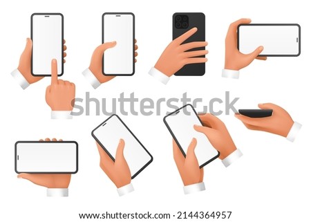 3d hands of businessman hold mobile phone with empty blank screen set vector illustration. Arms use smartphones with different positions, scroll, swipe, touch device with finger isolated on white