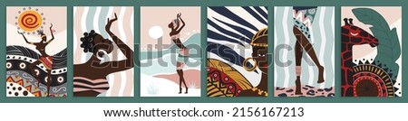 Ethnic dances of African woman among traditional and animal patterns set vector illustration. Abstract silhouettes, native ornament and tribal culture elements in wall art decor, social media stories