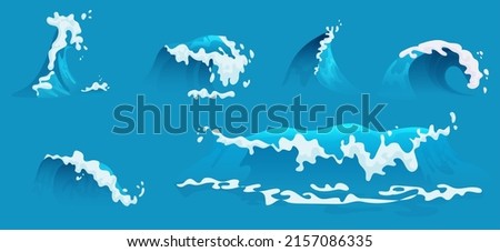 Sea and ocean waves of different shape set vector illustration. Cartoon wavy water of tide, tsunami or storm with splashes, foam and swirl, collection on blue background. Environment, motion concept