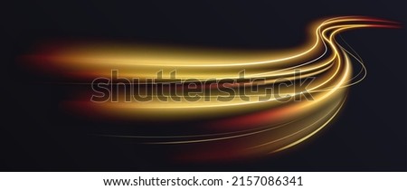 Abstract shiny color gold wave light effect vector illustration. Magic golden luminous glow design element on dark background, orange and yellow luminosity, abstract neon motion glowing wavy lines