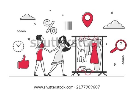 Seasonal shopping fashion discount. Special clothes sale offer, outlet store vector monocolor illustration