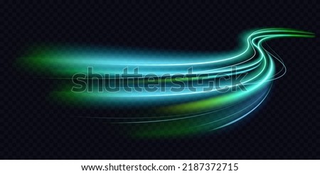 Abstract green blue wave light effect in perspective vector illustration. Magic luminous azure glow design element on dark background, flash luminosity, abstract neon motion glowing wavy lines