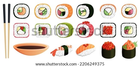 Sushi, Japanese restaurant menu vector illustration. Cartoon isolated Asian food, bamboo chopsticks and gourmet sashimi, rolls, maki and nigiri with rice and shrimp, salmon and tuna, caviar and nori