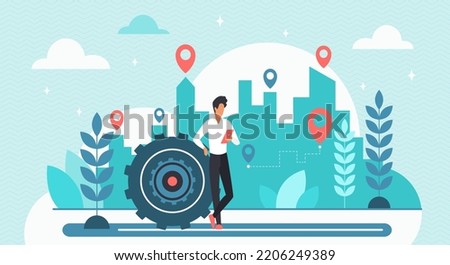 GPS navigation vector illustration. Tiny person holding mobile phone to search and find route on city map with pins on buildings, positioning with navigator app in smartphone and standing near gears