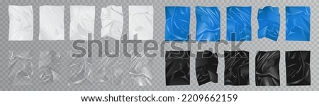 Plastic crumpled paper sheets with glossy satin texture set vector illustration. 3d realistic isolated black, transparent, white and blue blank pages with folds, creases and wrinkles glued on wall