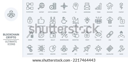 Cryptocurrency, blockchain thin line icons set vector illustration. Outline global digital crypto money trends, profit on fintech exchange analysis and bitcoin data mining, startup launch rocket