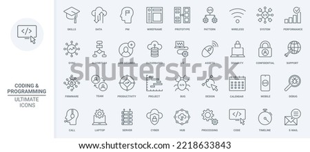 Test of software code, data storage thin line icons set vector illustration. Outline support of digital projects, sync database system and cyber protection for wireless network, chart performance
