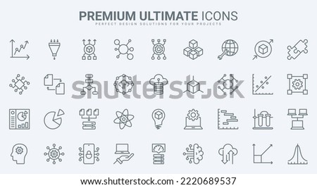 Data report and science model research, deep analysis with AI thin line icons set vector illustration. Abstract outline machine learning, probability calculation, algorithms and system prediction