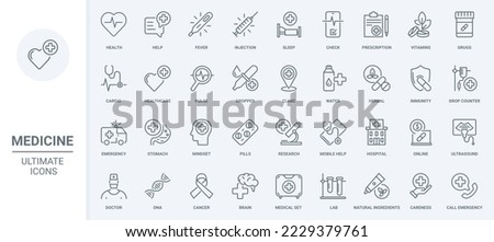 Medicine, healthcare thin line icons set vector illustration. Outline hospital equipment, medical care and help by doctor, herbal drugs therapy, pills and vitamins prescription from pharmacy