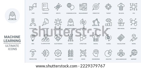 Machine learning, data analysis thin line icons set vector illustration. Outline algorithms and automatic smart processes of AI communication, circuit in digital robot brain, future technology