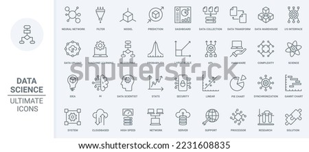 Data analysis, neural network innovation and science thin line icons set vector illustration. Abstract outline AI brain, machine learning technology for prediction, transformation and data storage