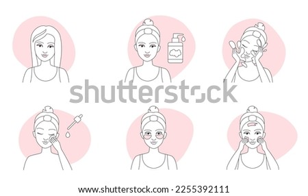 Makeup removal guide thin line icons set vector illustration. Outline girls remove beauty products from skin of face, use facial tissue and cotton pads, cleanser and water to clean and care skin