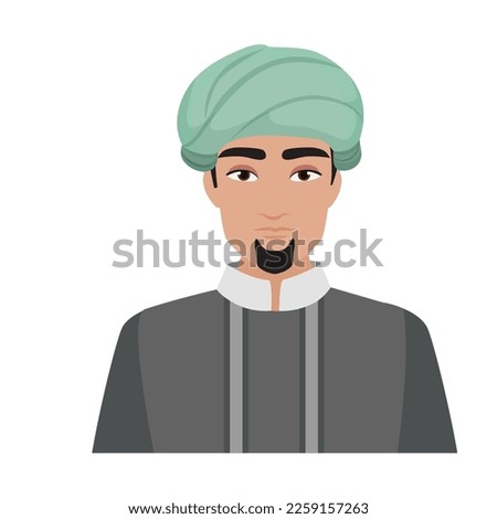 Arab man wearing turban. Portrait of saudi man in traditional clothes vector cartoon illustration