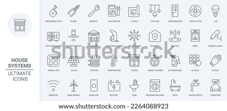 Smart home systems thin line icons set vector illustration. Outline electrical appliances and device to control energy, temperature and lighting, remote surveillance and air conditioner, refrigerator