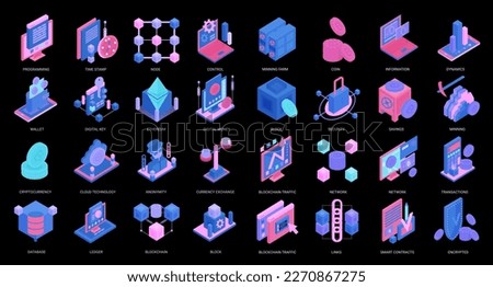 3d icons with mining farm database, digital wallet protection for cryptocurrency money transaction, startup investment, private data key. Blockchain crypto currency isometric vector illustration set.