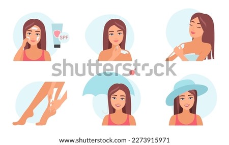 Skin protection with sunscreen set vector illustration. Cartoon girls apply cream or lotion applications with UV filters on skin of face and body, protect health from sun with umbrella and hat Foto stock © 