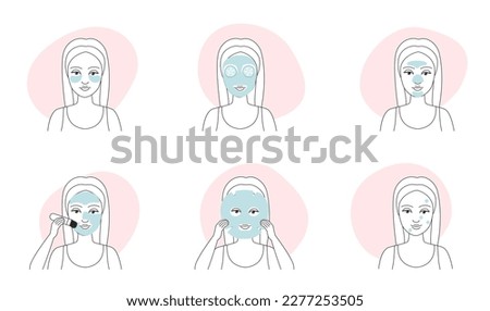 Face masks, beauty treatment thin line icons set vector illustration. Outline female characters apply clay or cream mask with brushes, circles of patch applications and cucumber for eyes and skincare
