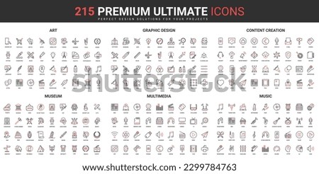 Art content, multimedia creation thin line red black icons set vector illustration. Abstract symbols of museum exhibition, music and graphic ideas, artwork projects simple design mobile and web apps