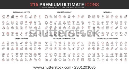 Blockchain crypto, new technology, web apps, cyber security, network communication, digital transformation thin line red black icons set vector illustration. Simple design for mobile and web apps.