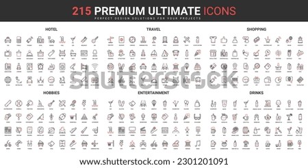 Travel, entertainment event and shopping, bar drinks thin line red black icons set vector illustration. Abstract symbols of retail shop and hotel hospitality, hobby simple design for mobile, web apps