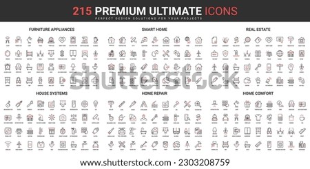Smart home furniture and appliances, building repair thin line red black icons set vector illustration. Abstract symbols control for comfort house system, real estate simple design for mobile, web app