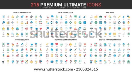 Blockchain crypto, new technology, web apps, cyber security, network communication, digital transformation color gradient flat icons set vector illustration. Simple design for mobile and web apps.