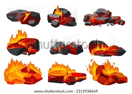 Burning coal with fire set vector illustration. Cartoon isolated black charcoal pieces and hot lump burn in fireplace with flame and smoke, glowing embers and flaming orange stones from grill oven