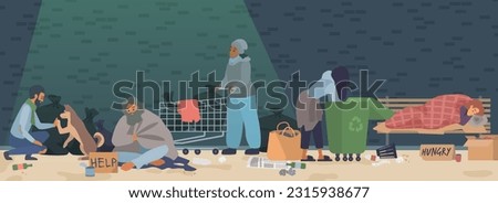 Homeless poor people on city street or park vector illustration. Cartoon beggars sleeping on dirty bench of ghetto and begging, adult unemployed desperate and hungry characters with poverty troubles ストックフォト © 
