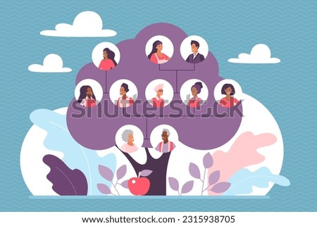 Family tree vector illustration. Cartoon genealogy chart with portraits of happy relatives in round frames on tree branches, love and reunion of three generations in infographic connection flowchart