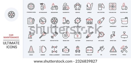 Workshop garage equipment, mechanic tools to repair engine, change tires, road safety sign, and emergency call vector illustration. Trendy red black thin line icons for car maintenance service.